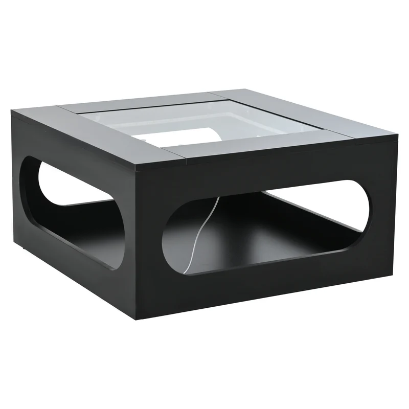 Table basse carrée noire avec plateau en verre trempé et éclairage LED 70x70x35cm UNDERTOW
