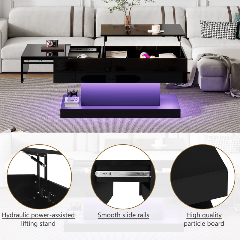Table basse relevable laqué noire avec éclairage LED 100x50 cm SECRETION