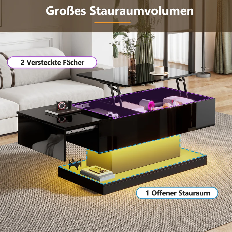 Table basse relevable laqué noire avec éclairage LED 100x50 cm SECRETION