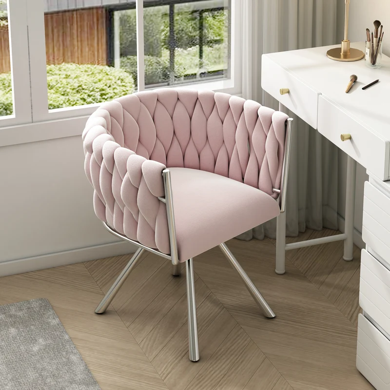 Fauteuil pivoitante 360° velours rose, chaise de bureau ou coiffeuse base en acier RETICULIN