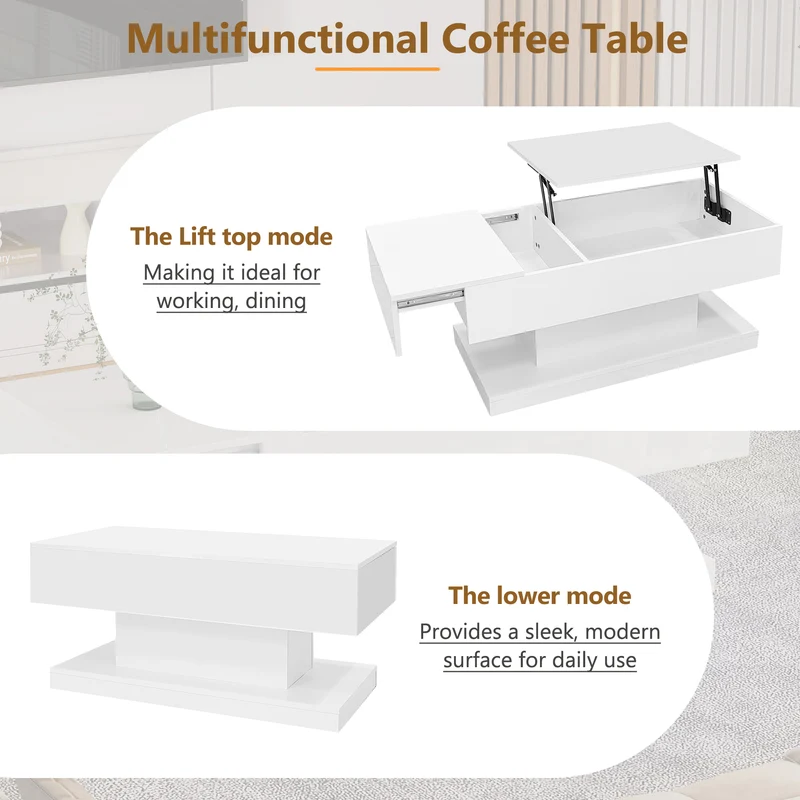Table basse blanche relevable avec éclairage LED et 1 tiroir 100*50*45cm OIL