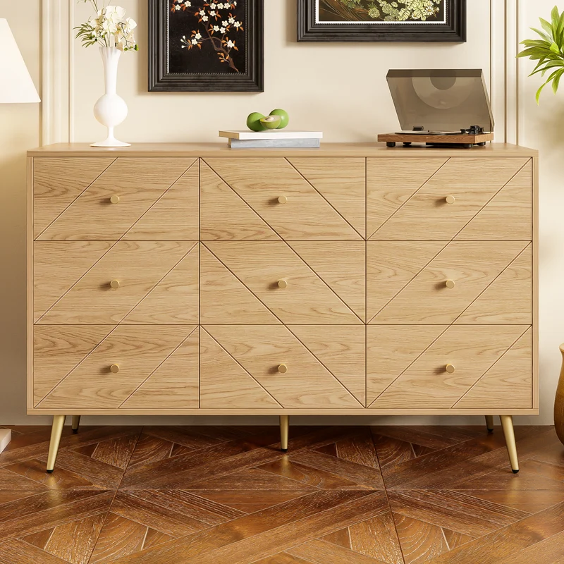 Buffet effet bois motif géométrique et 9 tiroirs accent doré COPAL