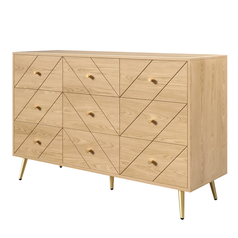 Buffet effet bois motif géométrique et 9 tiroirs accent doré COPAL