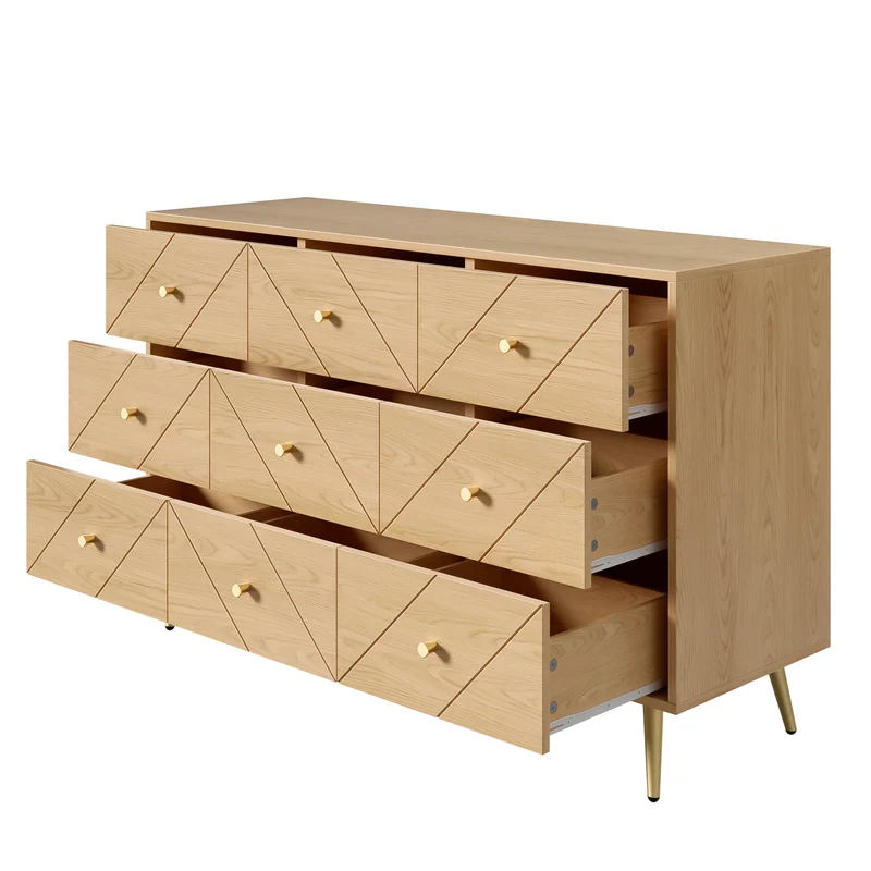 Buffet effet bois motif géométrique et 9 tiroirs accent doré COPAL