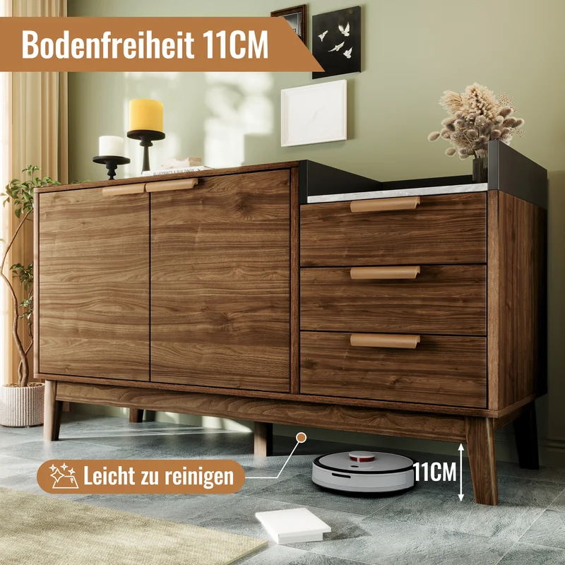 Buffet marron effet bois 2 portes 3 tiroirs effet faux marbre gris blanc GLOBAL