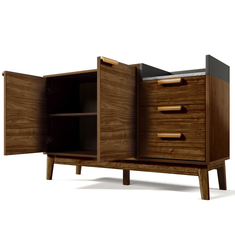 Buffet marron effet bois 2 portes 3 tiroirs effet faux marbre gris blanc GLOBAL