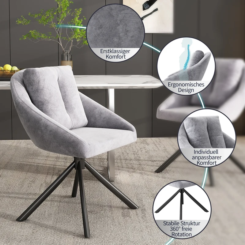 Lot de 2 chaises de salle à manger velours gris pivotant piètement noir et coussin ILTURS