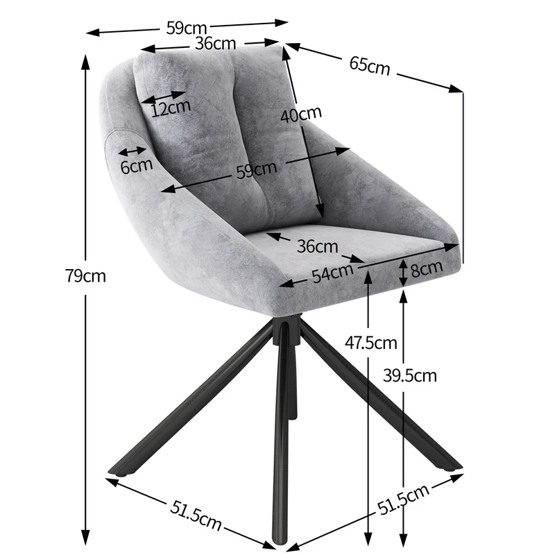 Lot de 2 chaises de salle à manger velours gris pivotant piètement noir et coussin ILTURS