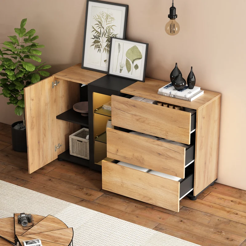Buffet effet bois avec vitrine éclairage LED 3 tiroirs GHURGAX