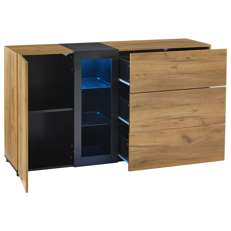 Buffet effet bois avec vitrine éclairage LED 3 tiroirs GHURGAX