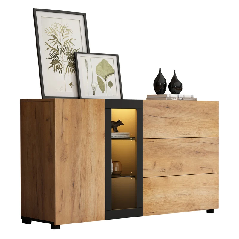 Buffet effet bois avec vitrine éclairage LED 3 tiroirs GHURGAX