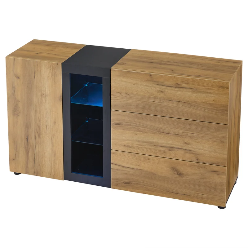 Buffet effet bois avec vitrine éclairage LED 3 tiroirs GHURGAX