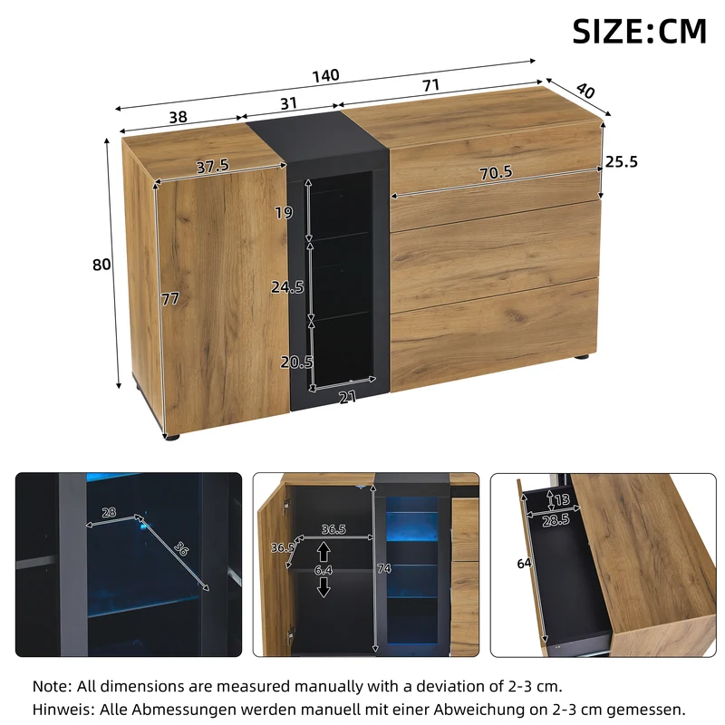 Buffet effet bois avec vitrine éclairage LED 3 tiroirs GHURGAX