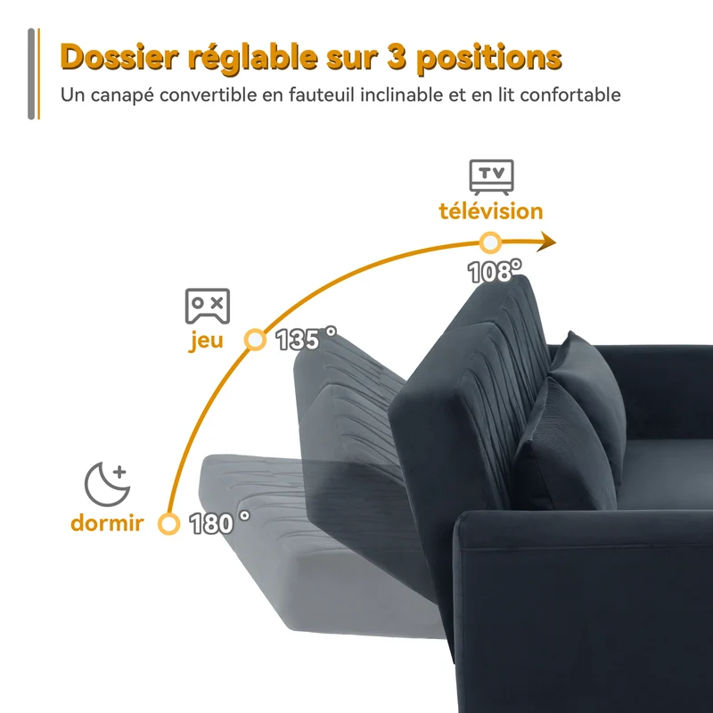 Canapé convertible 2 places en velours noir foncé dossiers et accoudoirs réglables GIZEL