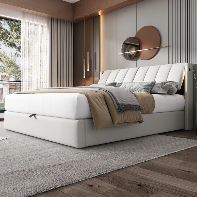 Lit coffre double PU blanc avec éclairage LED, USB et tête de lit réglable (160x200 cm) UDET WHITE KING
