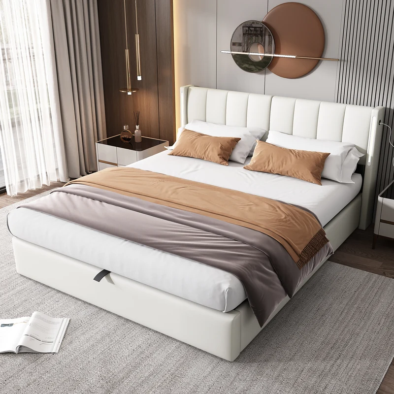 Lit coffre double PU blanc avec éclairage LED, USB et tête de lit réglable (160x200 cm) UDET WHITE KING