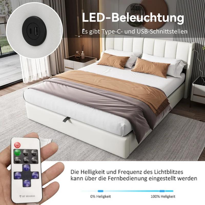 Lit coffre double PU blanc avec éclairage LED, USB et tête de lit réglable (160x200 cm) UDET WHITE KING