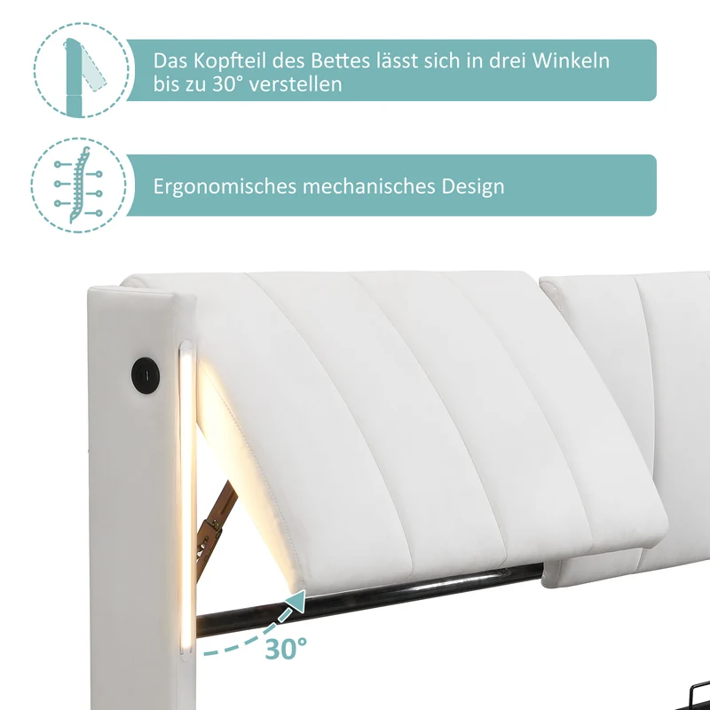 Lit coffre double PU blanc avec éclairage LED, USB et tête de lit réglable (160x200 cm) UDET WHITE KING