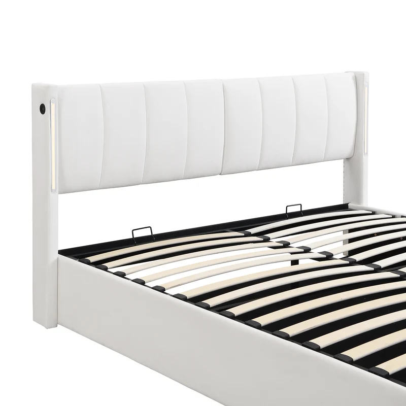 Lit coffre double PU blanc avec éclairage LED, USB et tête de lit réglable (160x200 cm) UDET WHITE KING