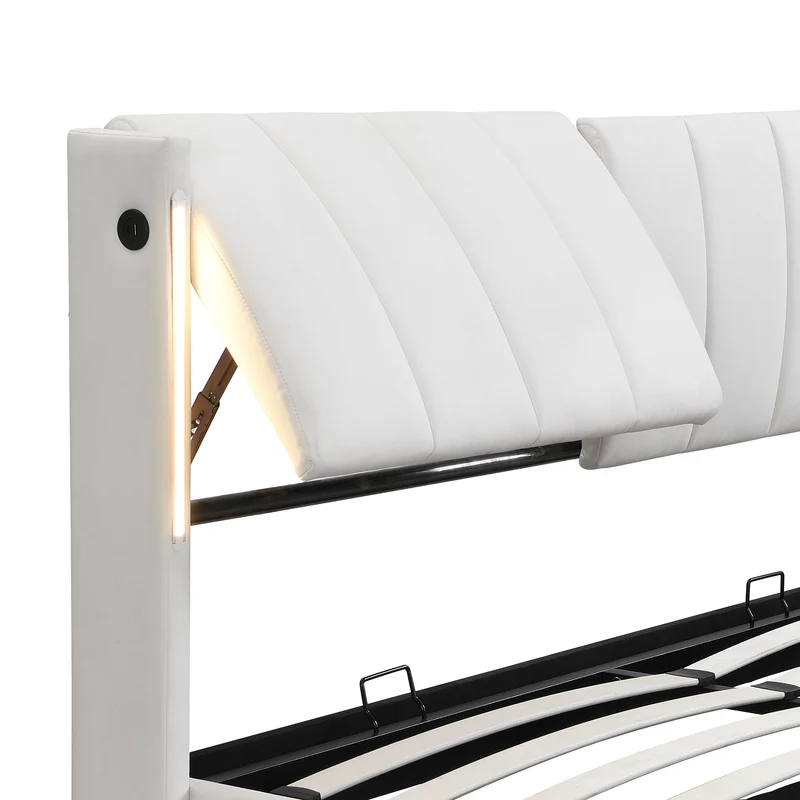 Lit coffre double PU blanc avec éclairage LED, USB et tête de lit réglable (160x200 cm) UDET WHITE KING