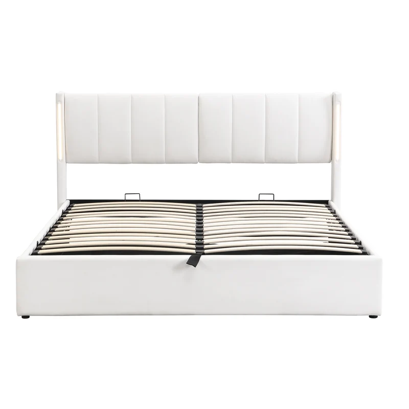 Lit coffre double PU blanc avec éclairage LED, USB et tête de lit réglable (160x200 cm) UDET WHITE KING