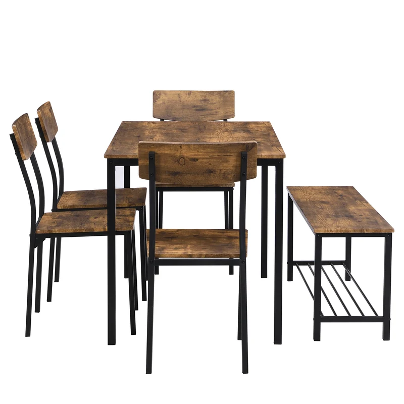 Ensemble de table et 4 chaises avec un banc et son grillage pour rangement industriel effet bois QUSCUKS