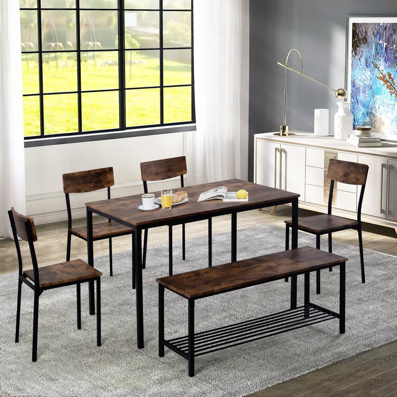 Ensemble de table et 4 chaises avec un banc et son grillage pour rangement industriel effet bois QUSCUKS