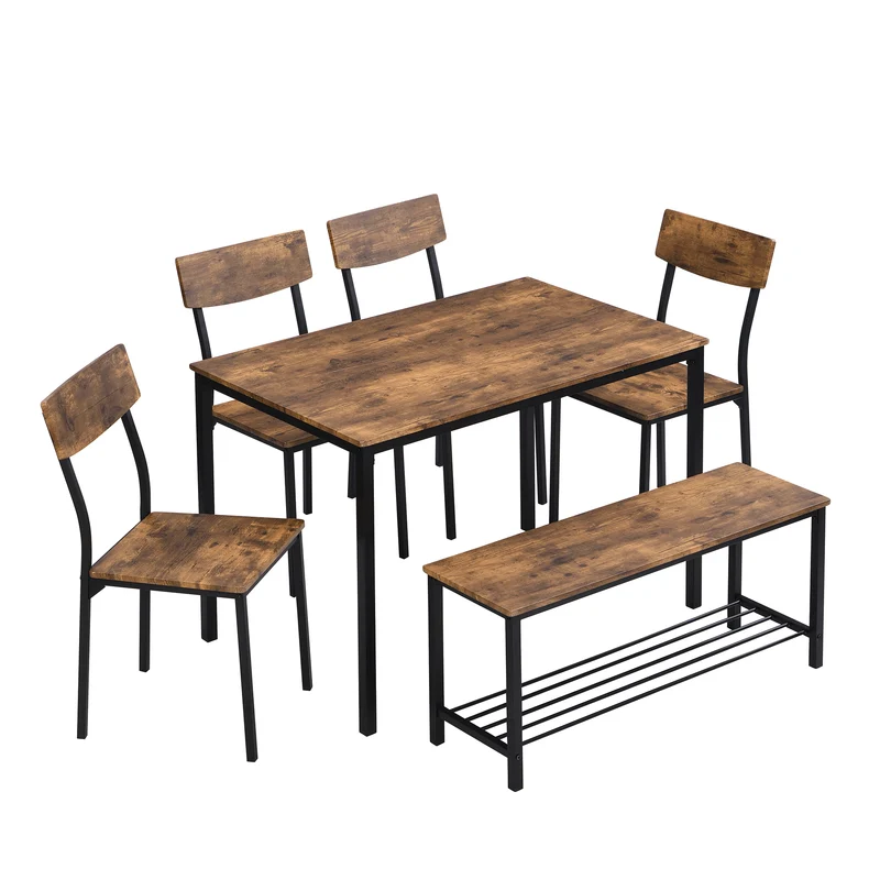 Ensemble de table et 4 chaises avec un banc et son grillage pour rangement industriel effet bois QUSCUKS