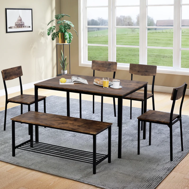 Ensemble de table et 4 chaises avec un banc et son grillage pour rangement industriel effet bois QUSCUKS