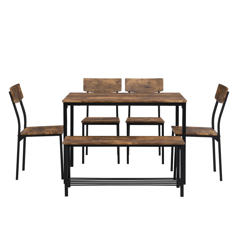 Ensemble de table et 4 chaises avec un banc et son grillage pour rangement industriel effet bois QUSCUKS