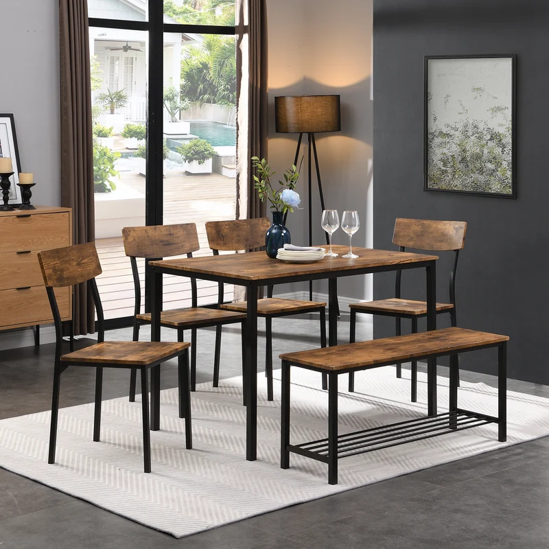 Ensemble de table et 4 chaises avec un banc et son grillage pour rangement industriel effet bois QUSCUKS