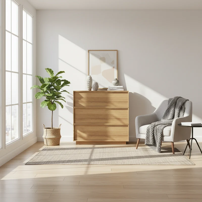Buffet commode effet bois chêne 3 tiroirs 80x48x78cm ELYSIUME