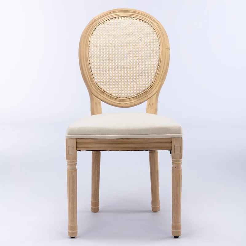 Lot de 2 chaises de salle à manger médaillon en bois massif, et lin beige, dossier rotin HOLOBIONT