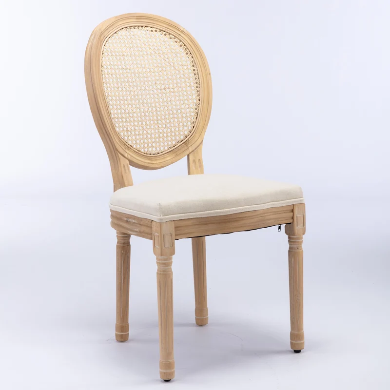 Lot de 2 chaises de salle à manger médaillon en bois massif, et lin beige, dossier rotin HOLOBIONT