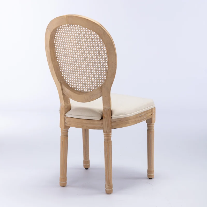 Lot de 2 chaises de salle à manger médaillon en bois massif, et lin beige, dossier rotin HOLOBIONT