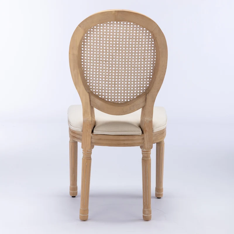 Lot de 2 chaises de salle à manger médaillon en bois massif, et lin beige, dossier rotin HOLOBIONT