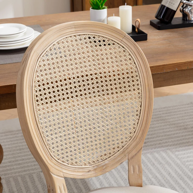 Lot de 2 chaises de salle à manger médaillon en bois massif, et lin beige, dossier rotin HOLOBIONT