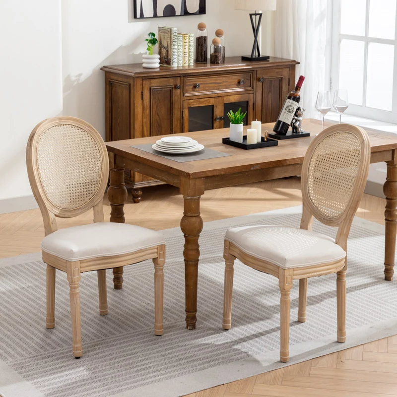 Lot de 2 chaises de salle à manger médaillon en bois massif, et lin beige, dossier rotin HOLOBIONT