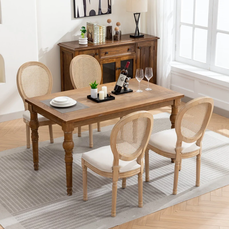 Lot de 2 chaises de salle à manger médaillon en bois massif, et lin beige, dossier rotin HOLOBIONT
