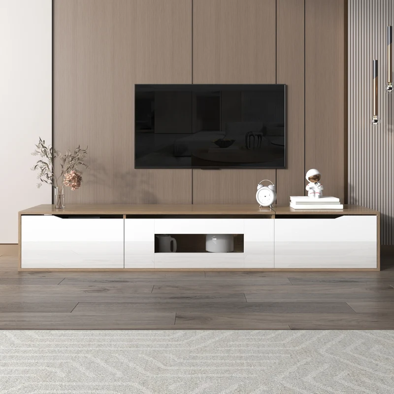 Meuble TV haut brillant blanc et effet bois 180x35x30 cm avec éclairage LED multicolore LIMESTONEBLUFF