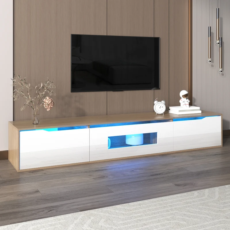 Meuble TV haut brillant blanc et effet bois 180x35x30 cm avec éclairage LED multicolore LIMESTONEBLUFF