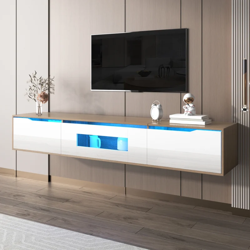 Meuble TV haut brillant blanc et effet bois 180x35x30 cm avec éclairage LED multicolore LIMESTONEBLUFF