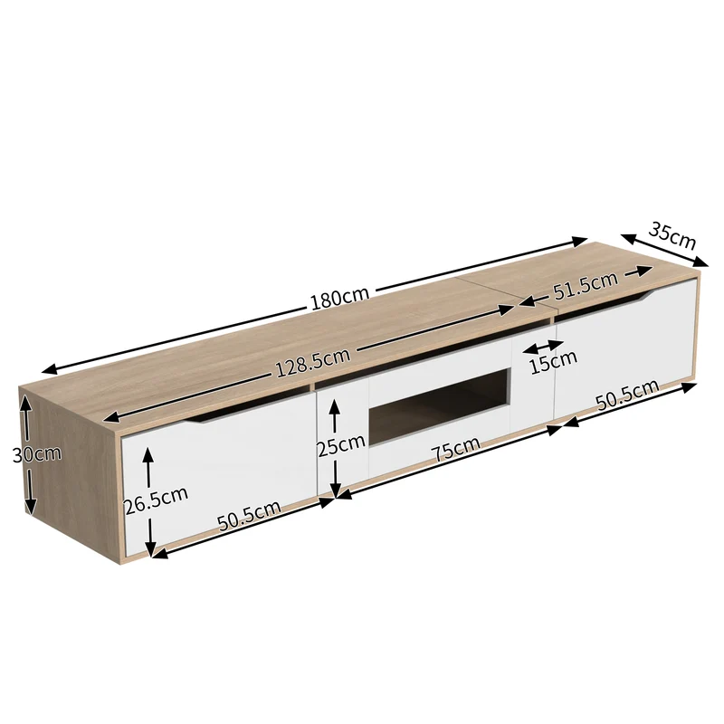 Meuble TV haut brillant blanc et effet bois 180x35x30 cm avec éclairage LED multicolore LIMESTONEBLUFF