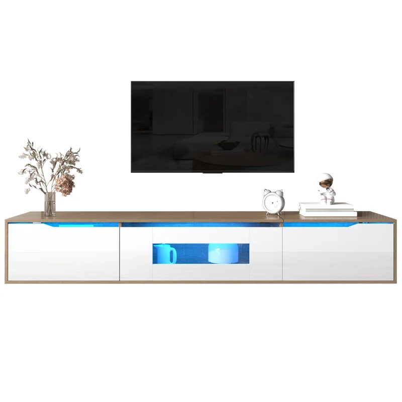 Meuble TV haut brillant blanc et effet bois 180x35x30 cm avec éclairage LED multicolore LIMESTONEBLUFF