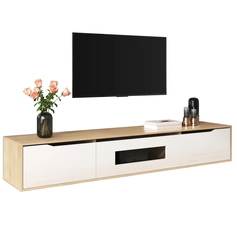 Meuble TV haut brillant blanc et effet bois 180x35x30 cm avec éclairage LED multicolore LIMESTONEBLUFF