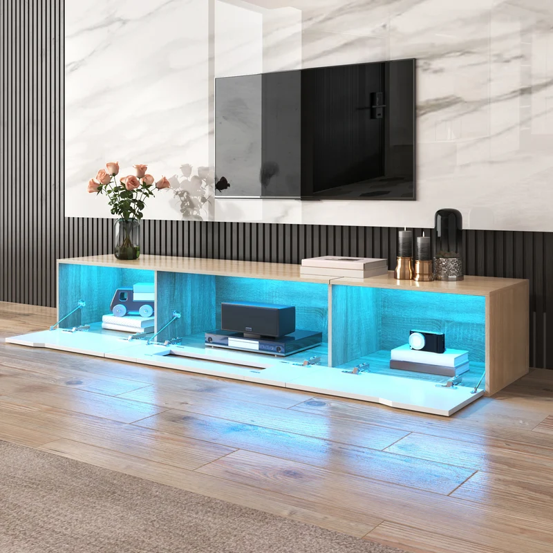 Meuble TV haut brillant blanc et effet bois 180x35x30 cm avec éclairage LED multicolore LIMESTONEBLUFF