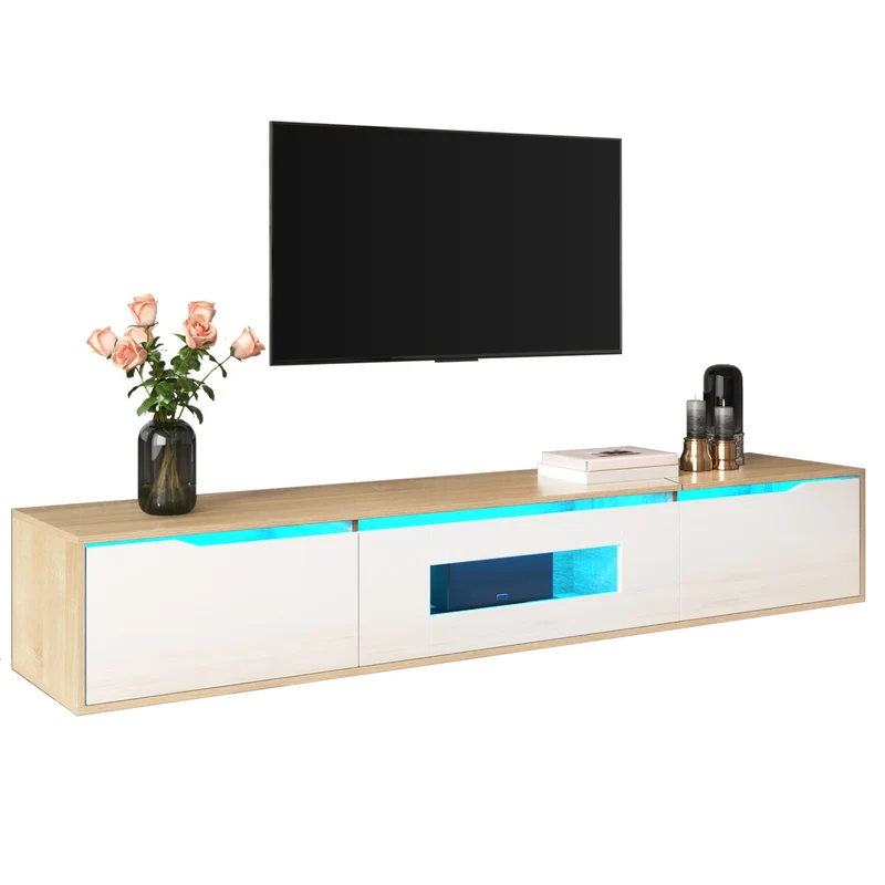Meuble TV haut brillant blanc et effet bois 180x35x30 cm avec éclairage LED multicolore LIMESTONEBLUFF