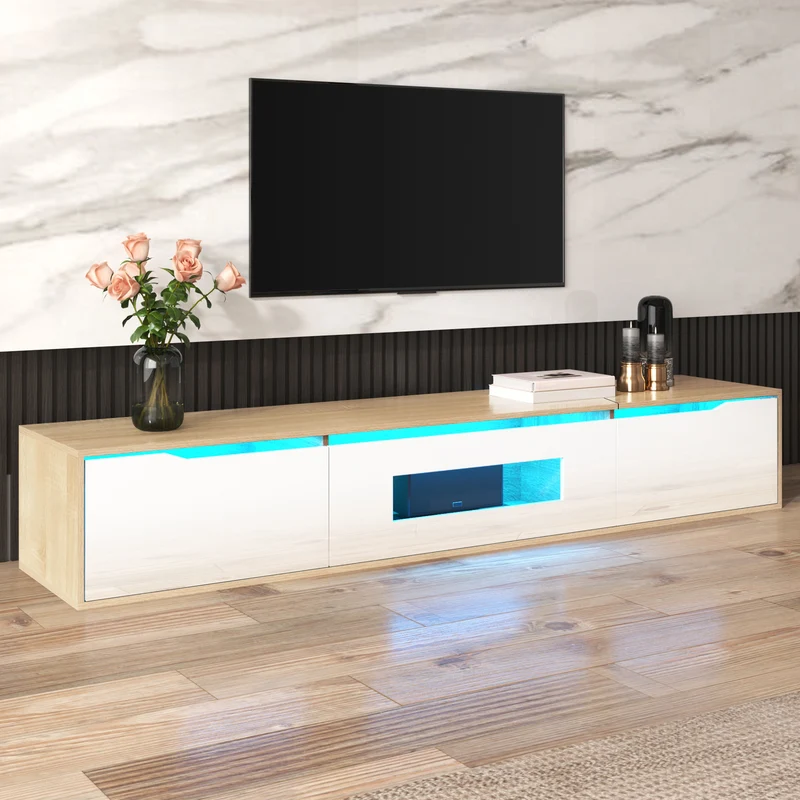 Meuble TV haut brillant blanc et effet bois 180x35x30 cm avec éclairage LED multicolore LIMESTONEBLUFF