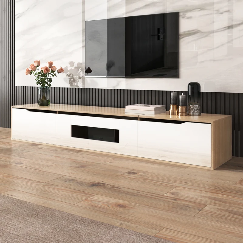 Meuble TV haut brillant blanc et effet bois 180x35x30 cm avec éclairage LED multicolore LIMESTONEBLUFF