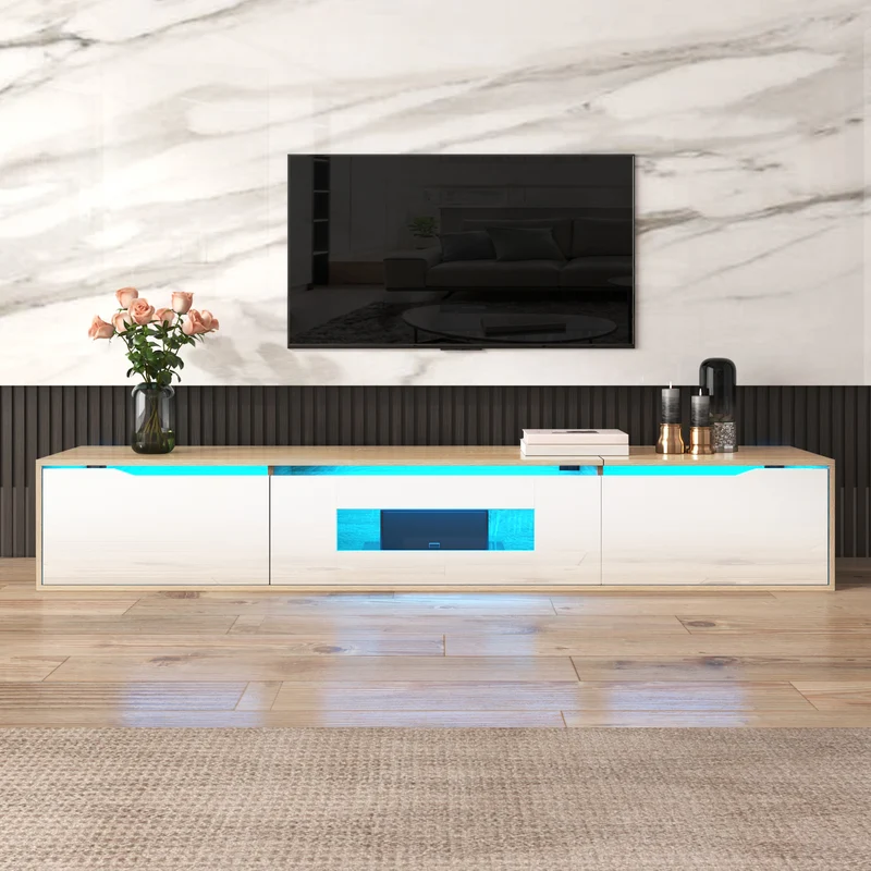 Meuble TV haut brillant blanc et effet bois 180x35x30 cm avec éclairage LED multicolore LIMESTONEBLUFF
